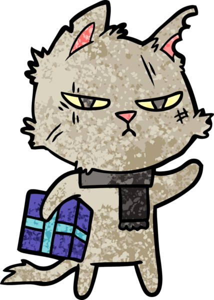 Bir insan tarafından çizilmiş Noel hediyeli sert çizgi film kedisi.