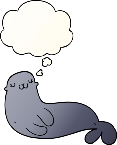 Bir insan tarafından çizilmiş yumuşak eğimli düşünce baloncuklu şirin karikatür foku.