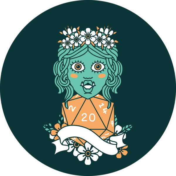 Bir insan tarafından çizilmiş 20 zarlı yarı ork Druid karakteri simgesi