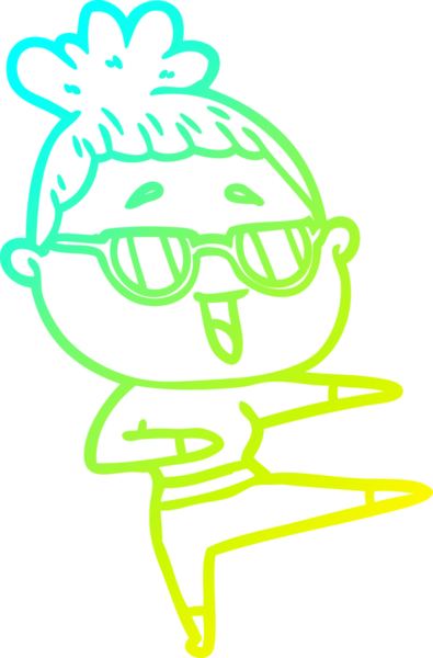 Bir insan tarafından çizilmiş gözlük takan mutlu bir kadının çizgi film çizimi.