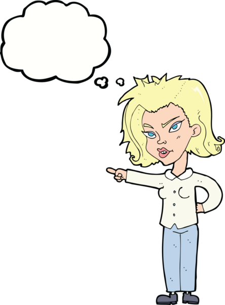 Bir insan tarafından çizilmiş düşünce balonuyla işaret eden çizgi film kadını.