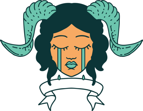 Retro Dövme Biçimi, bir insan tarafından çizilmiş kaydırma pankartıyla ağlayan karakter yüzü