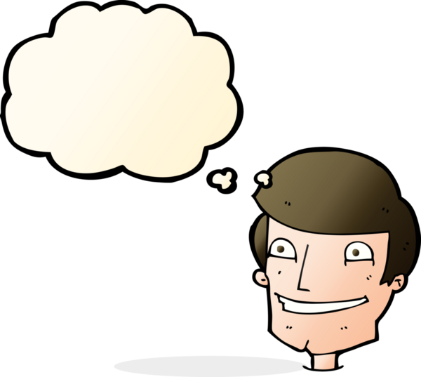 Bir insan tarafından çizilmiş düşünce baloncuğu ile sırıtan çizgi film adamı.