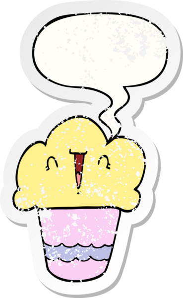 Yüzü konuşma baloncuğu olan çizgi film keki bir insan tarafından çizilmiş sıkıntılı eski bir çıkartma