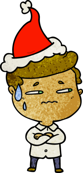 Bir insan tarafından çizilmiş Noel Baba şapkası takan endişeli bir adamın el çizimi karikatürü.