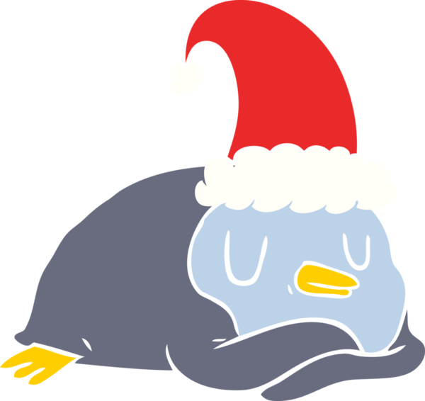 Bir insan tarafından çizilmiş bir noel şapkası giyen düz renkli penguen.