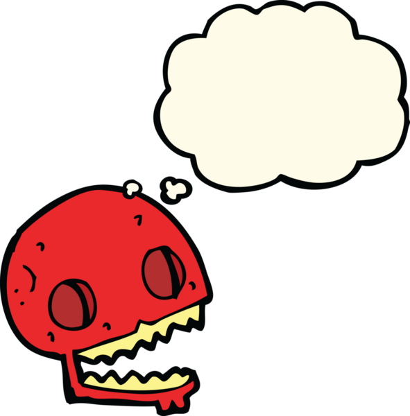 Bir insan tarafından çizilmiş düşünce baloncuklu garip kafatası.