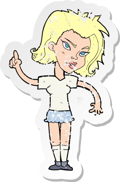 İnsan tarafından çizilmiş bir fikri olan karikatür bir kadının gerilimli retro yapıştırması.