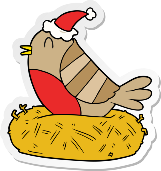 Bir insan tarafından çizilmiş Noel Baba şapkası giymiş bir kuşun el çizimi karikatürü.