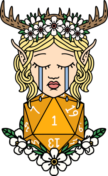 Retro Dövme Tarzı Ağlayan Elf Druid karakteri suratı Bir insan tarafından çizilmiş doğal bir D20 ruloyla