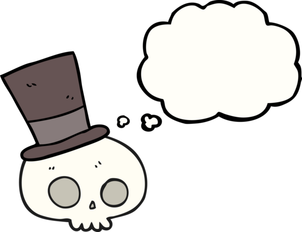 Bir insan tarafından çizilmiş silindir şapka giyen serbest çizim baloncuk kafatası.