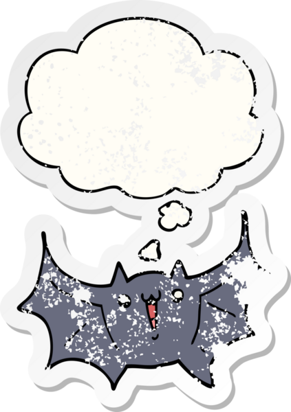 Düşünce baloncuğu olan mutlu vampir yarasa çizgi filmi bir insan tarafından çizilmiş yıpranmış bir çıkartma.