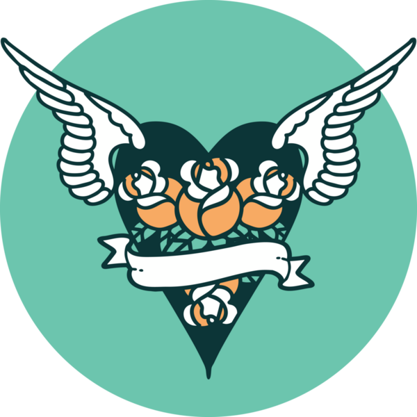 Bir insan tarafından çizilmiş çiçek ve bayrak ile uçan bir kalbin ikonik dövme görüntüsü