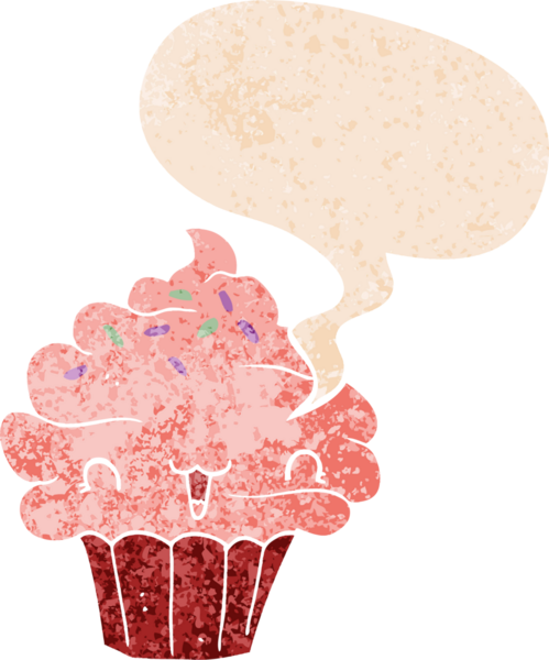 Bir insan tarafından çizilmiş grunge sıkıntılı retro tarzı konuşma baloncuklu tatlı çizgi film şekerli kek