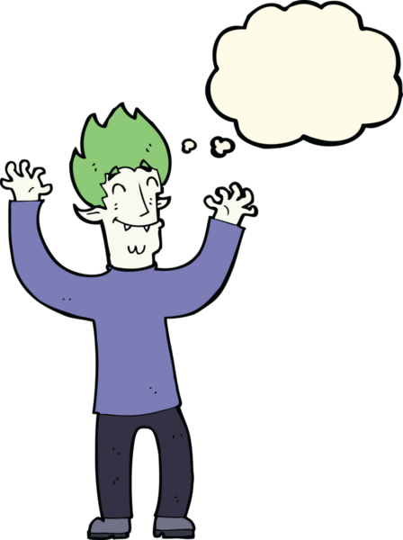 Bir insan tarafından çizilmiş düşünce balonlu mutlu vampir adam çizgi filmi.