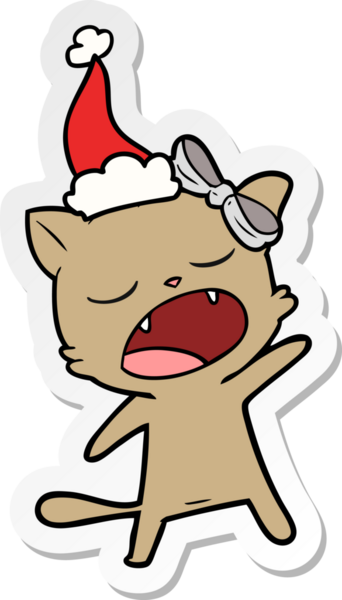 Bir insan tarafından çizilmiş Noel Baba şapkası takan şarkı söyleyen bir kedinin el yazısı.