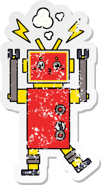 Bir insan tarafından çizilmiş sevimli bir robot çizgi film çıkartması.