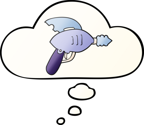 Düşünce baloncuklu karikatür ışın tabancası bir insan tarafından çizilmiş.