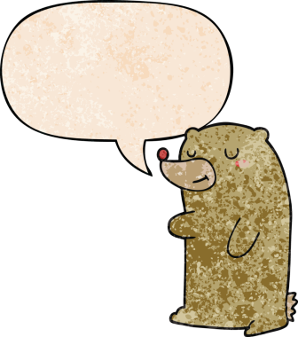 Bir insan tarafından çizilmiş eski tarz konuşma baloncuğu olan sevimli çizgi film ayısı.