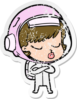 Bir karikatür çıkartması. Bir insan tarafından çizilmiş güzel astronot kız.