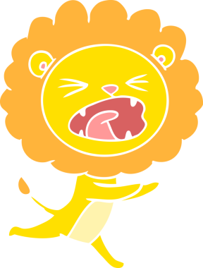 Bir insan tarafından çizilmiş düz renkli çizgi film koşu aslanı