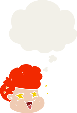 Bir insan tarafından çizilmiş düşünce baloncuğu olan çizgi film heyecanlı çocuk.