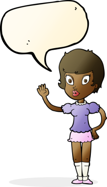 Bir insan tarafından çizilmiş konuşma balonuyla el sallayan güzel kız.