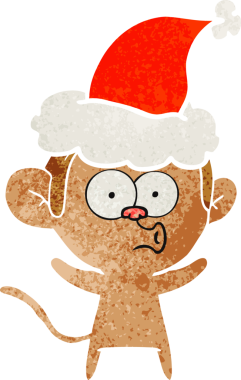 Bir insan tarafından çizilmiş Noel Baba şapkası giymiş şaşırmış bir maymunun el çizimi karikatürü.