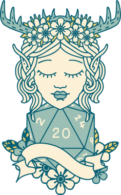 Retro Dövme Tarzı Elf Druid Bir insan tarafından çizilmiş doğal yirmi zar ile