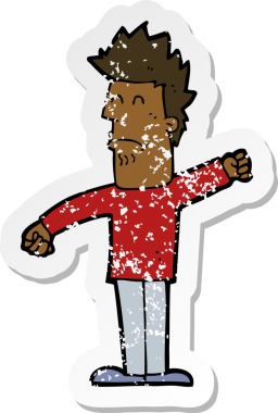 Bir çizgi filmin gerilimli retro yapıştırması bir insan tarafından çizilmiş stresli bir adam