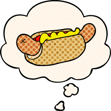 Çizgi roman tarzında bir insan tarafından çizilmiş, düşünce baloncuklu bir sosisli sandviç.