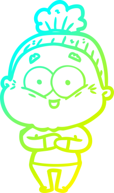 Bir insan tarafından çizilmiş, mutlu, yaşlı bir kadının çizimi.