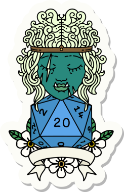 Bir insan tarafından çizilmiş doğal 20 zarlı yarı ork barbar bir karakterin çıkartması.