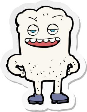 Bir insan tarafından çizilmiş, kendini beğenmiş bir diş karikatürü etiketi.