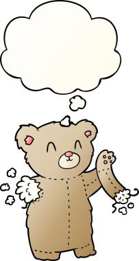 Yırtık kollu çizgi film ayıcığı. Düşünce baloncuğu insan tarafından çizilmiş.