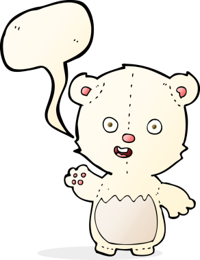 Bir insan tarafından çizilmiş konuşma balonlu kutup ayısı yavrusunu sallayan çizgi film.