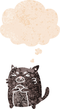 Düşünce baloncuklu çizgi film kızgın kedi grunge sıkıntılı retro dokuma bir insan tarafından çizilmiş