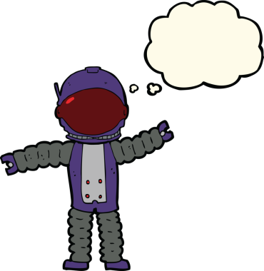 Bir insan tarafından çizilmiş düşünce baloncuklu astronot.