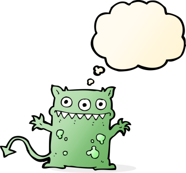 Bir insan tarafından çizilmiş düşünce balonu olan küçük bir canavar.
