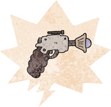 grunge 'da konuşma baloncuğu olan karikatür ışın tabancası bir insan tarafından çizilmiş gerilimli retro desen tarzı