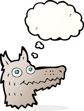 Bir insan tarafından çizilmiş düşünce balonlu bir kurt kafası.