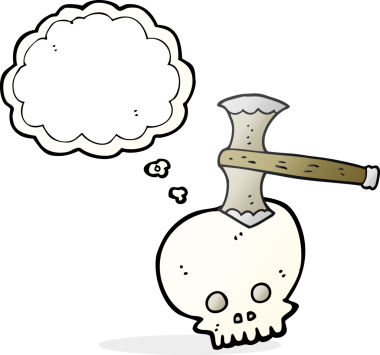 Bir insan tarafından kafatasında çizilmiş serbest çizim baloncuklu balta