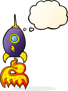 Bir insan tarafından çizilmiş düşünce baloncuklu bir uzay gemisi.