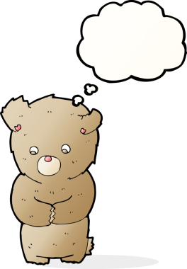 Bir insan tarafından çizilmiş düşünce balonlu utangaç oyuncak ayı.