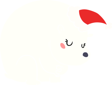 Bir insan tarafından çizilmiş Noel Baba şapkası giyen bir kutup ayısının düz renk çizimi.