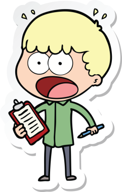 Bir karikatür çıkartması. Bir insan tarafından çizilmiş pano ve kalemle şok olmuş bir adam.