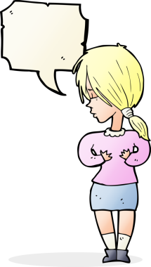 bir insan tarafından çizilmiş konuşma balonu olan utangaç bir kadın.