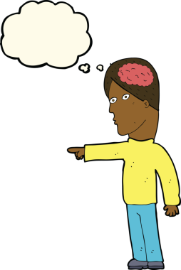 Bir insan tarafından çizilmiş düşünce baloncuğuyla işaret eden zeki bir adam.