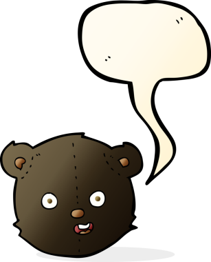 bir insan tarafından çizilmiş konuşma balonlu siyah oyuncak ayı kafası.