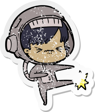 Bir insan tarafından çizilmiş ayak parmağı olan kızgın bir uzay kızının sıkıntılı çıkartması.